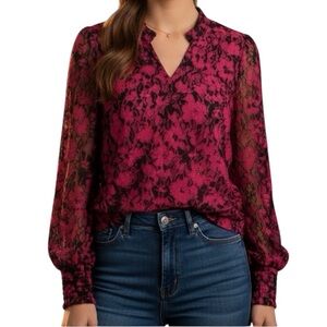 Cable & Gauge Pink and Black Floral‎ Lace Blouse